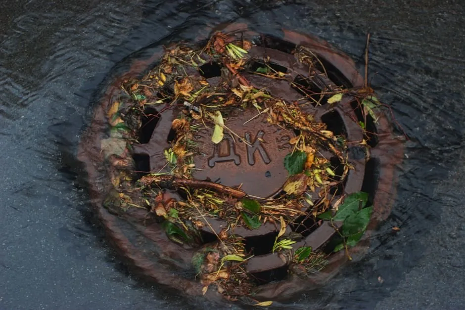 Storm drain covered with debris